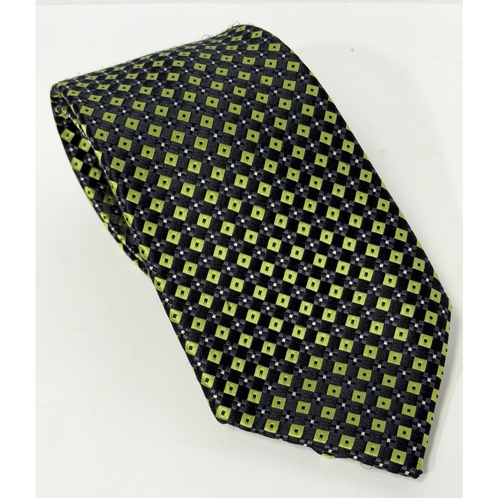 Countess Mara Mens Tie Silk Black & Lime Green Grey Geometric Necktie Square